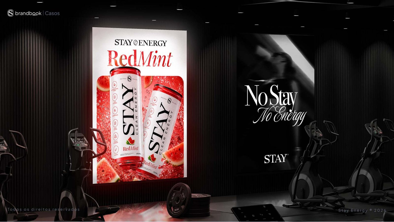 Pôster RedMint da Stay Energy e campanha da marca em uma academia