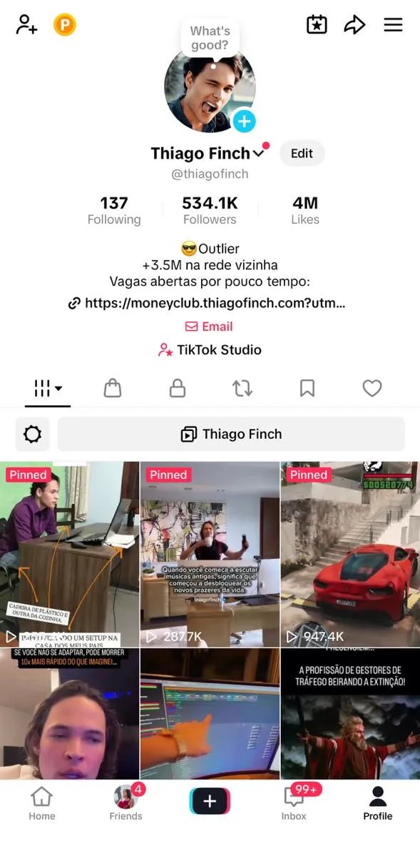 Perfil do TikTok de Thiago Finch com 534,1 mil seguidores
